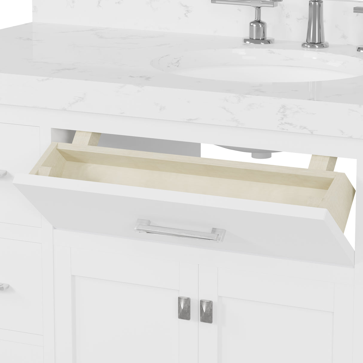 White bathroom vanity with sink on a white background