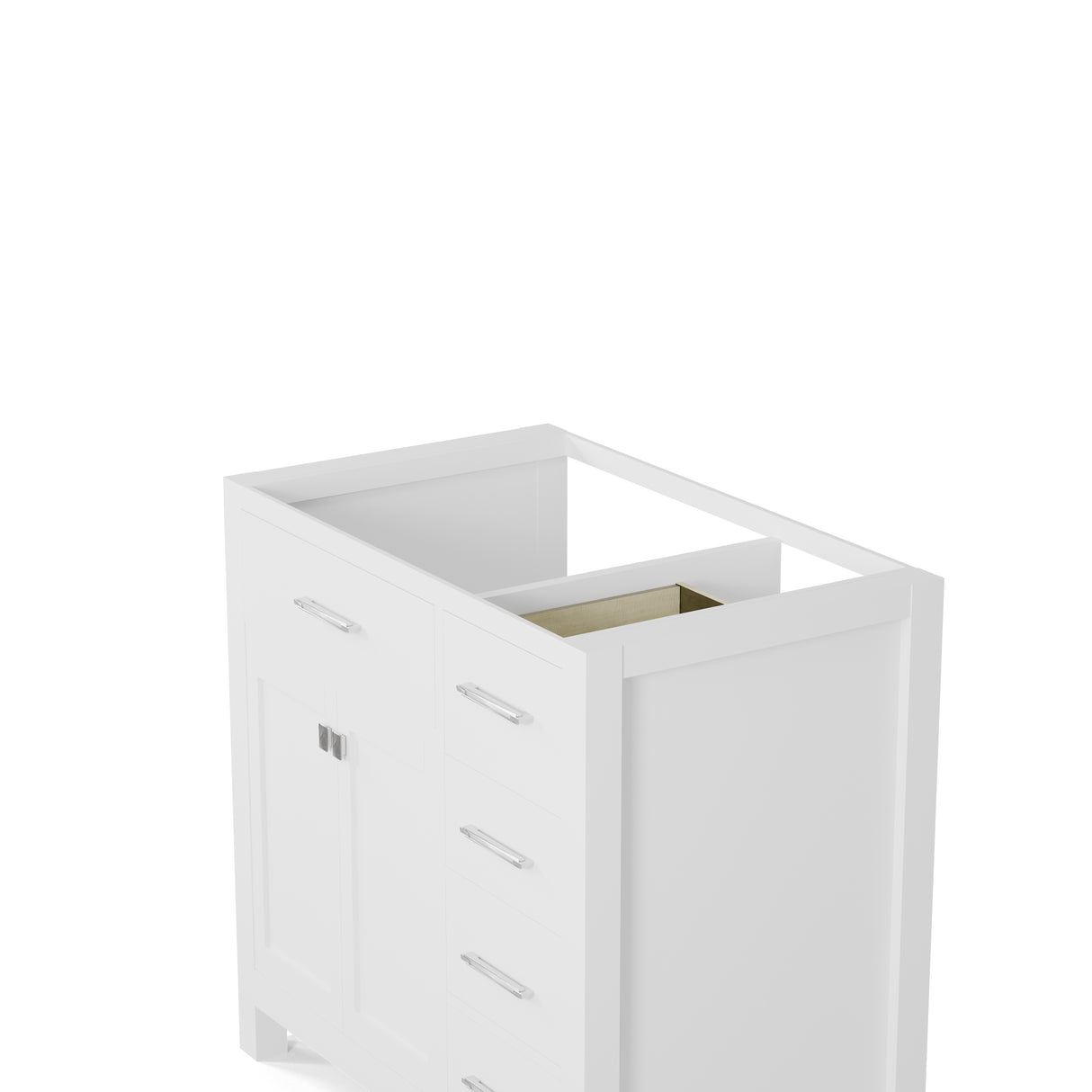 Bathroom vanity with white countertop and sink on a white background