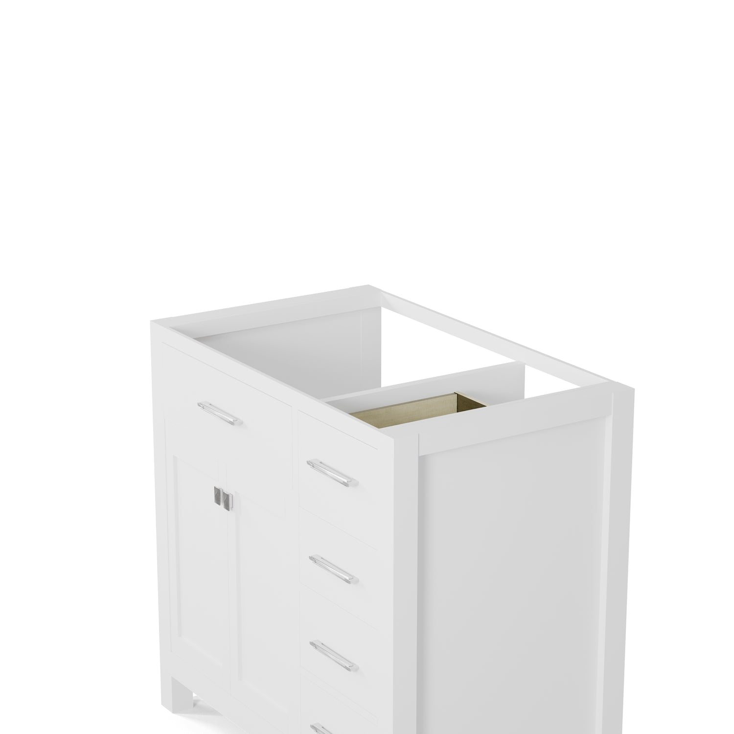 Bathroom vanity with white countertop and sink on a white background