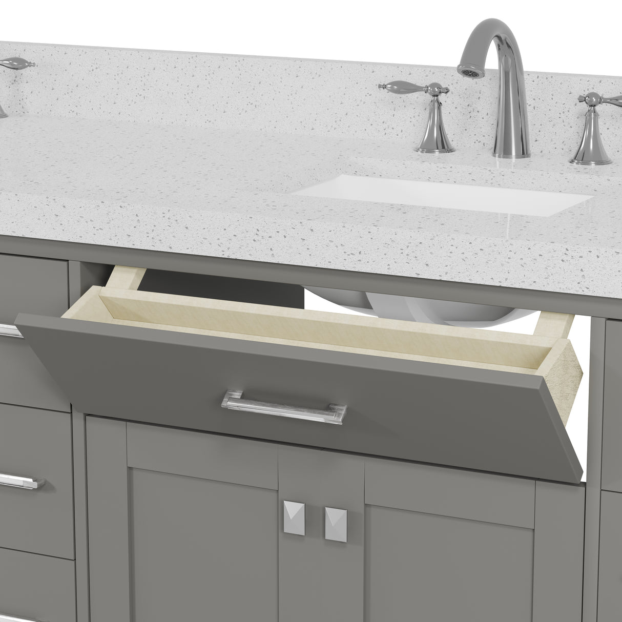 Gray bathroom vanity with open drawer, sink, and faucet
