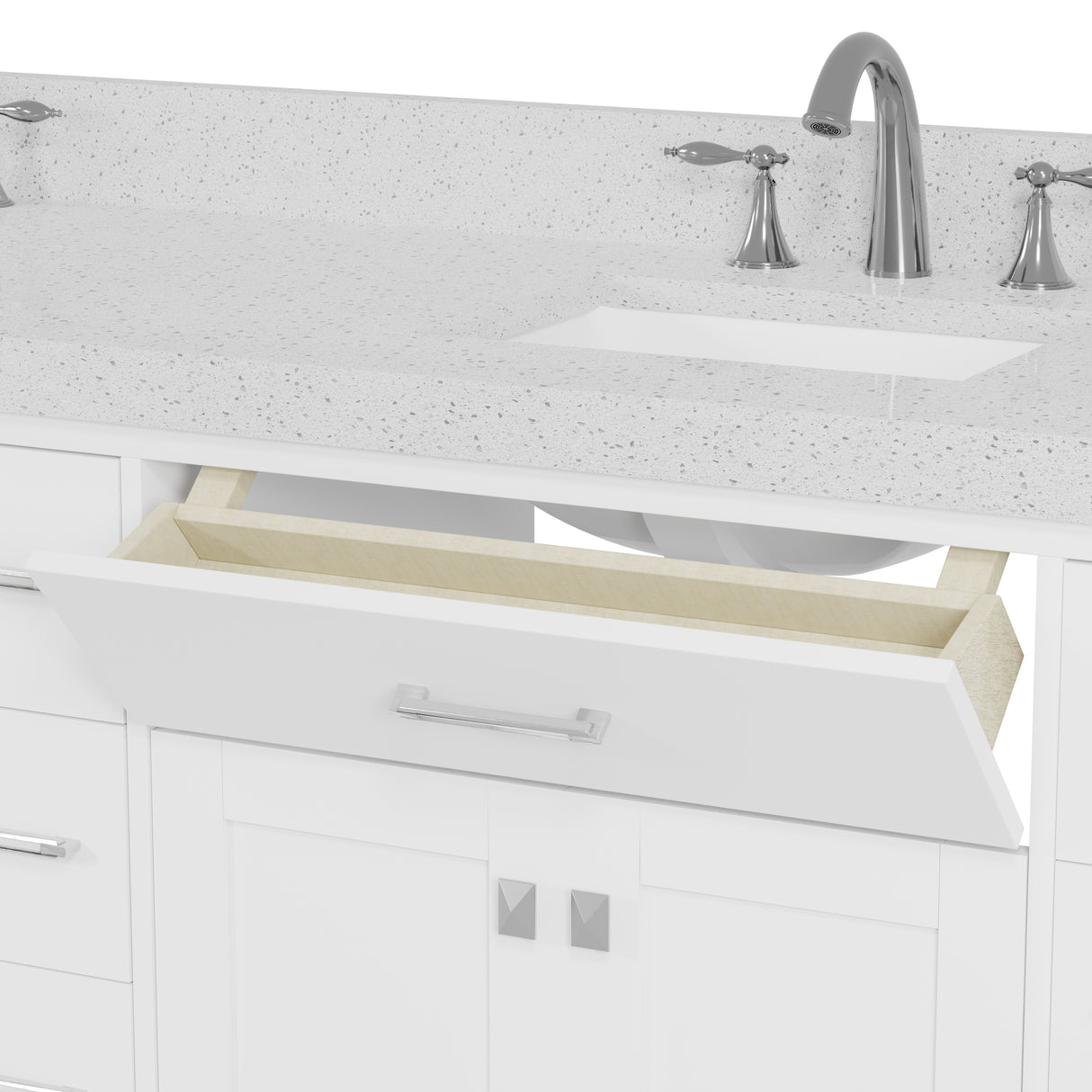 Bathroom vanity with white countertop, sink, and faucet