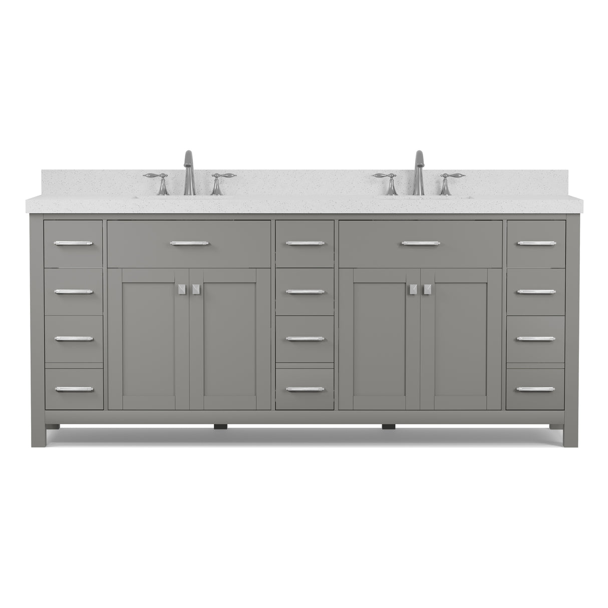 Gray bathroom vanity with white countertop on a white background
