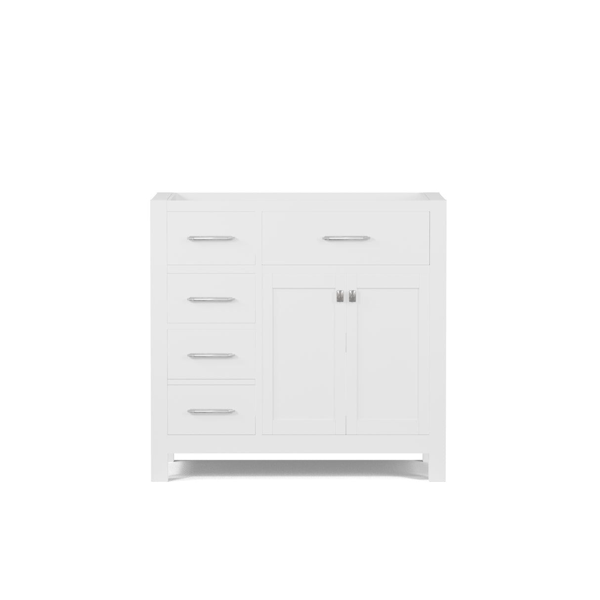 Gray bathroom vanity with white countertop on a white background