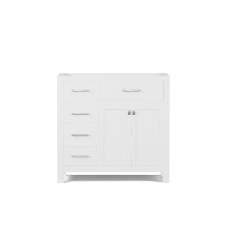Gray bathroom vanity with white countertop on a white background