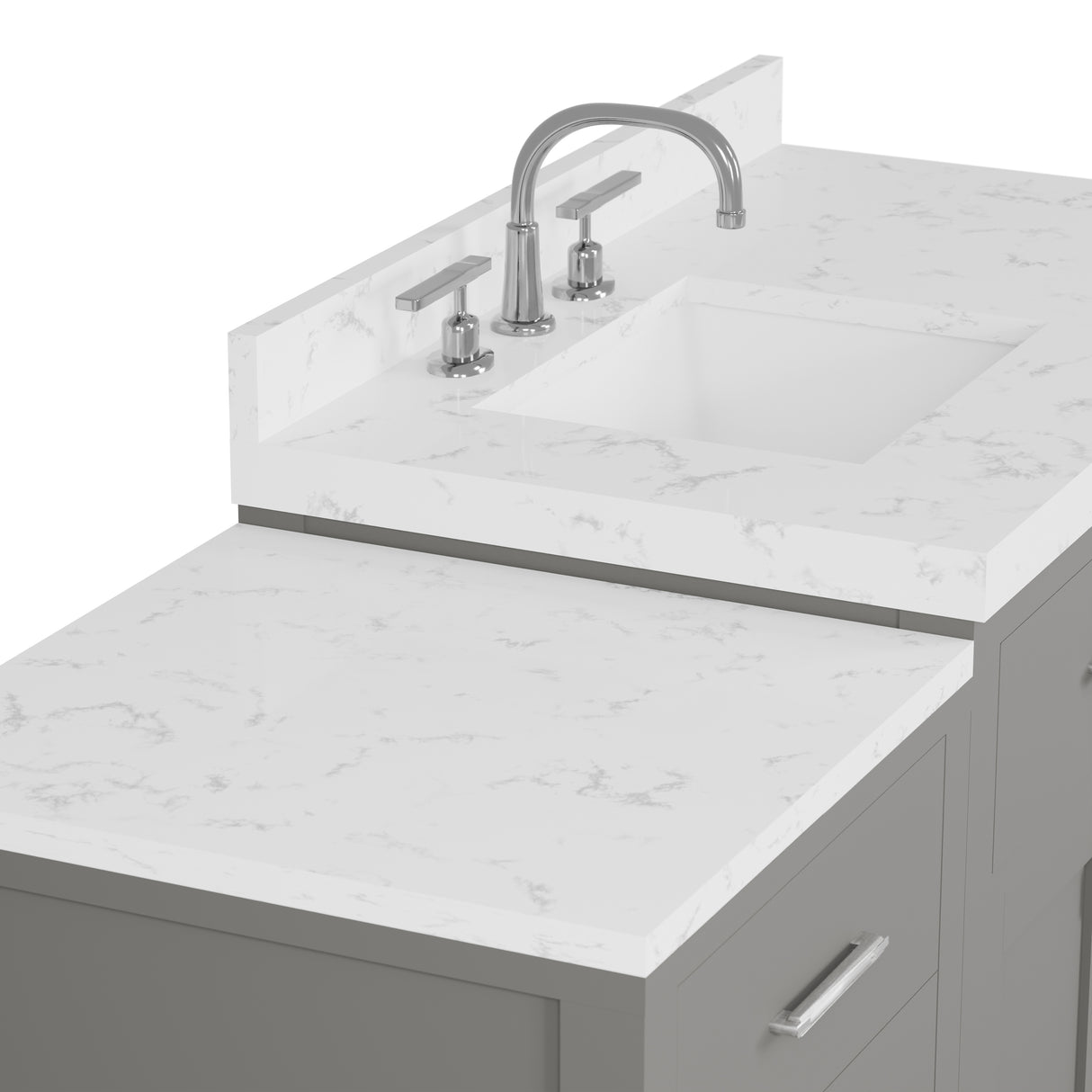 Bathroom with a vanity, mirror, and decorative elements.