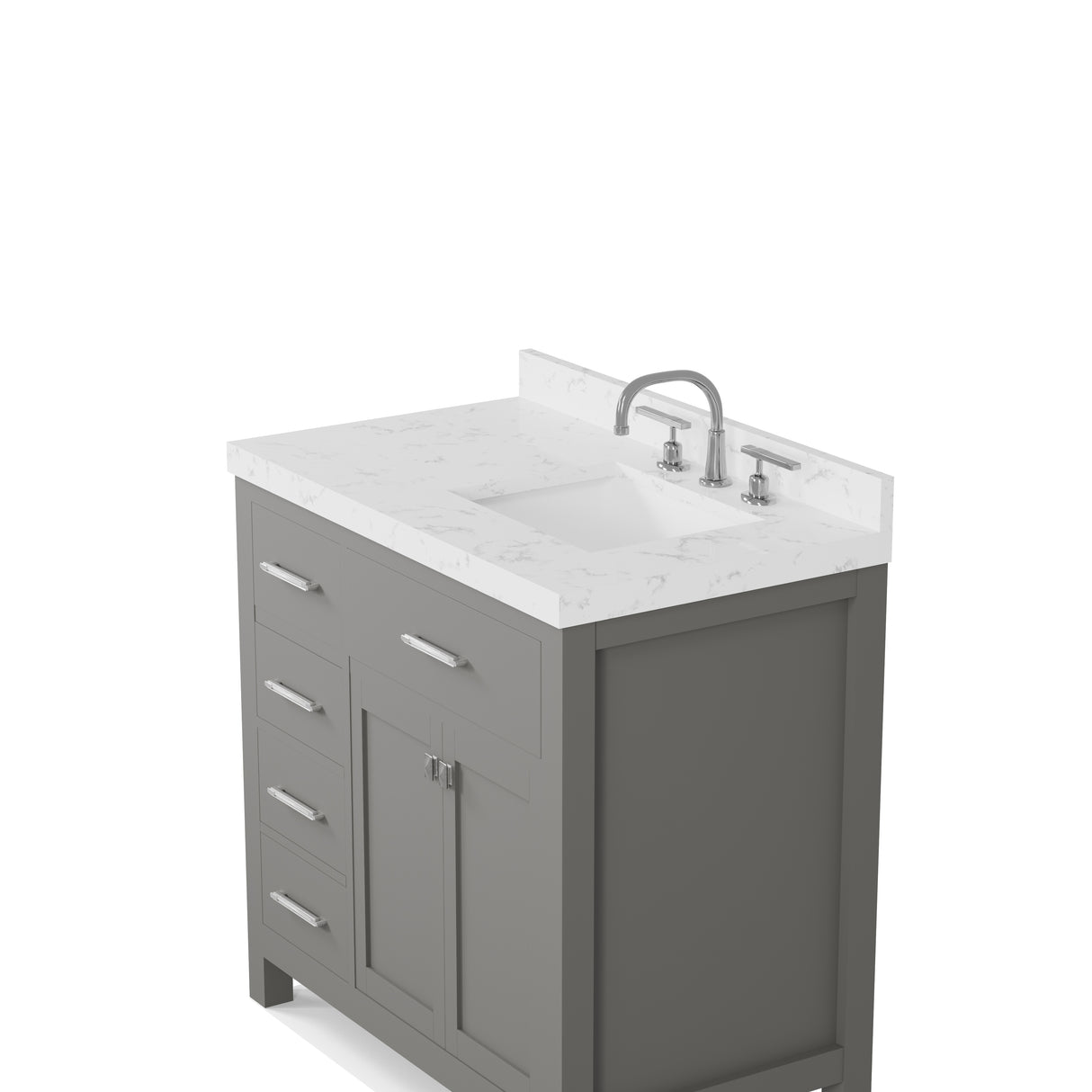 Gray bathroom vanity with white countertop and sink on a white background