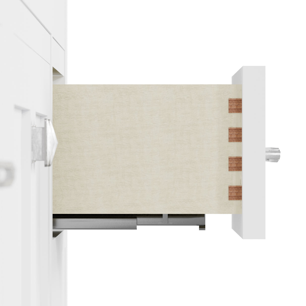 White bathroom vanity with sink on a white background