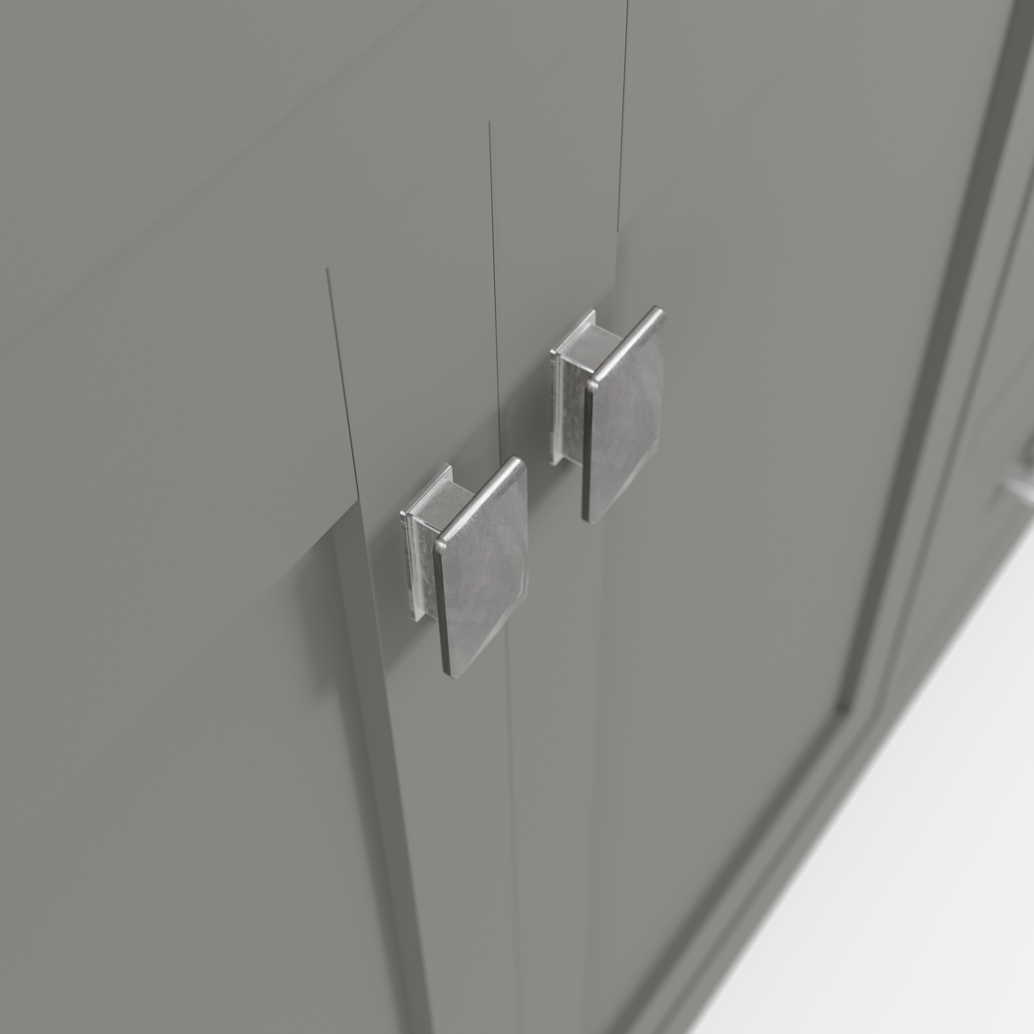 Gray bathroom vanity with open drawer and marble countertop