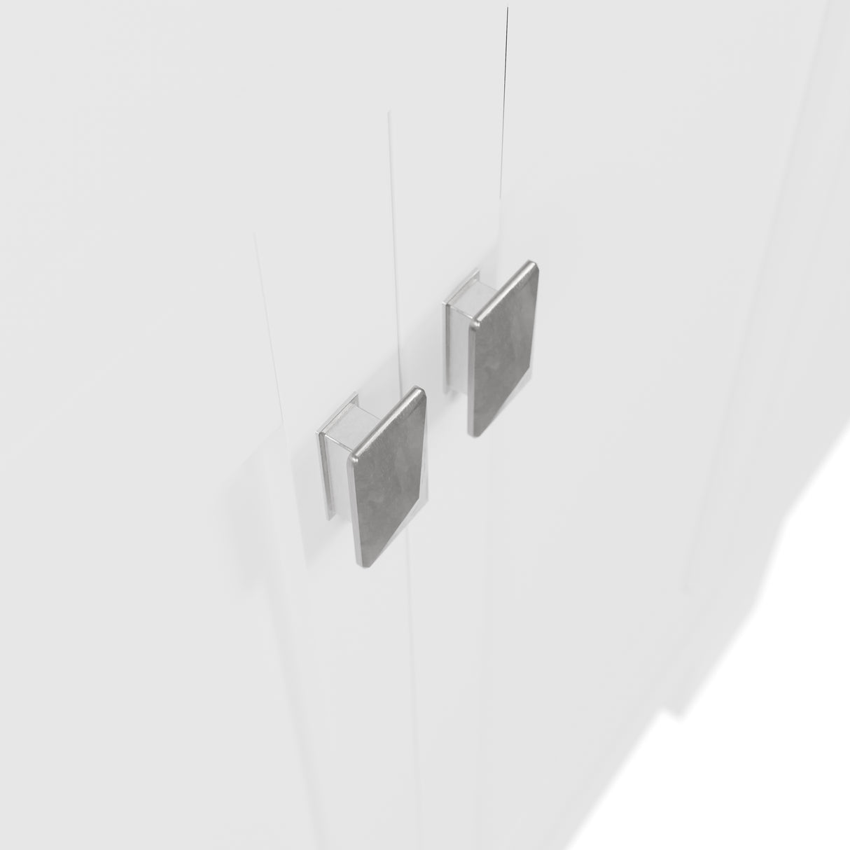 White bathroom vanity with marble countertop on a white background