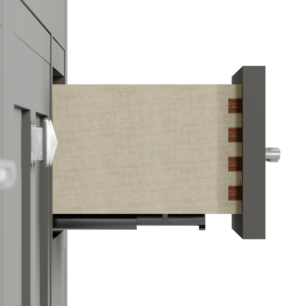 Gray bathroom vanity with white countertop and faucet on a white background