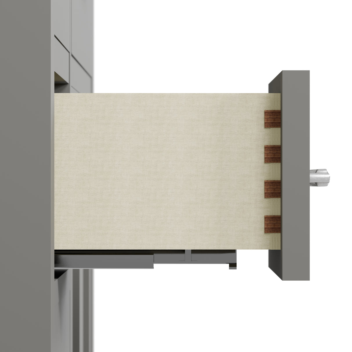 Modern cabinet with a textured panel and metallic frame on a white background