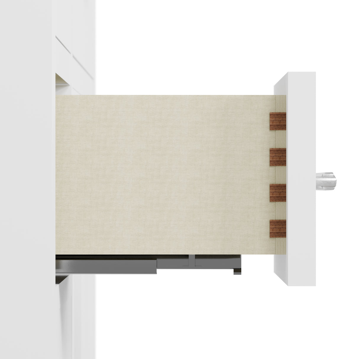 Wooden drawer with a beige fabric cover on a white background