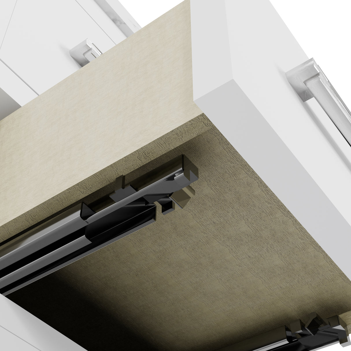 Bathroom with a vanity, mirror, and decorative elements.