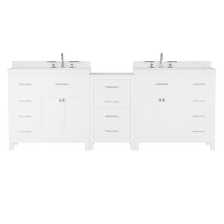 White bathroom vanity with two sinks on a white background