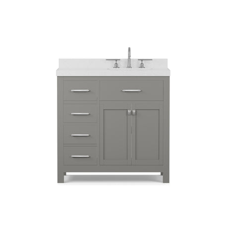 Gray bathroom vanity with white countertop on a white background