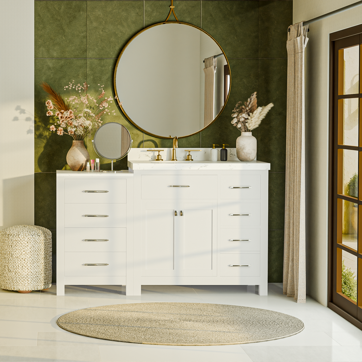 Bathroom vanity with white countertop and storage cabinets on a white background