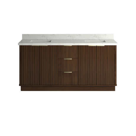 Bathroom vanity with wooden finish and white countertop on a white background