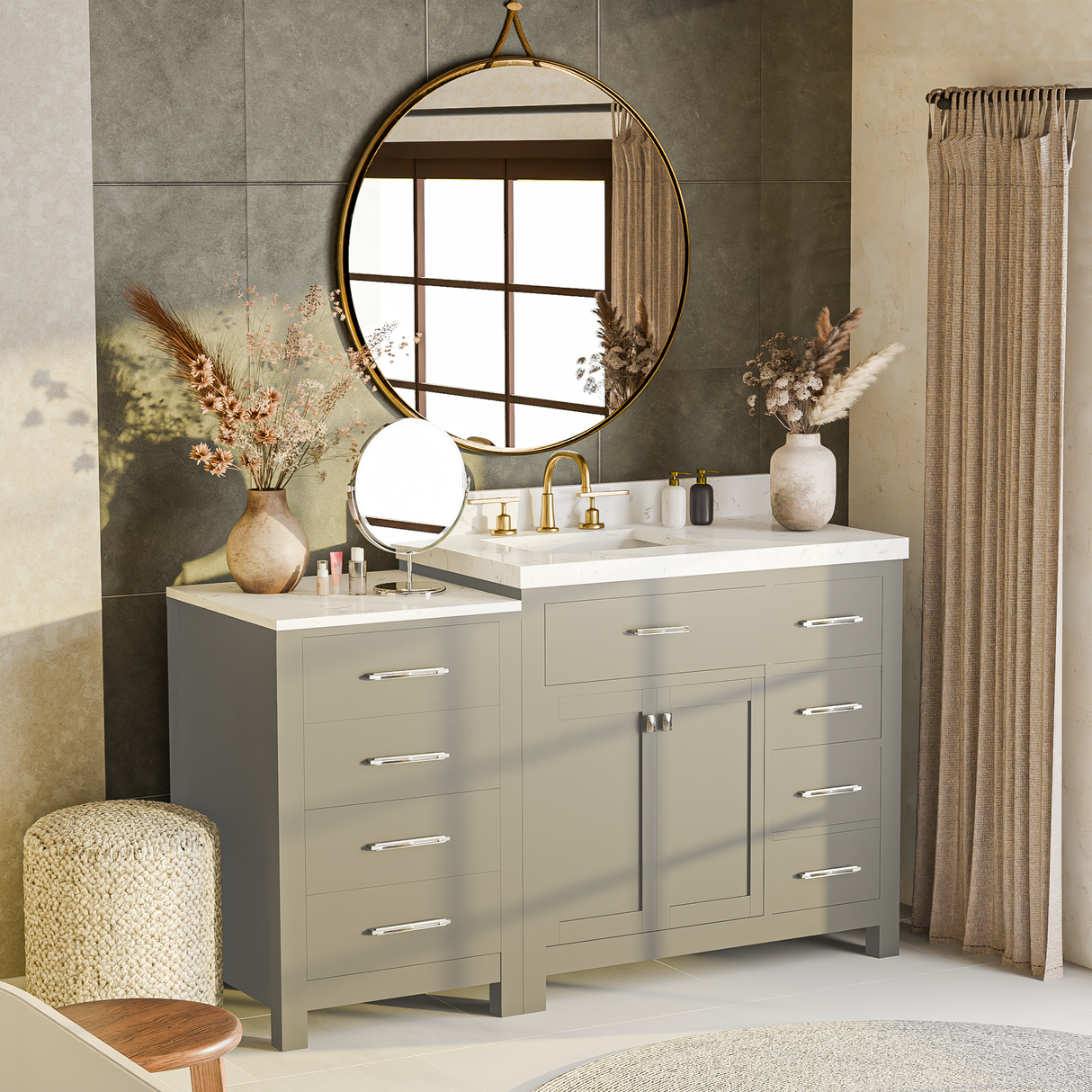 Bathroom with a vanity, mirror, and decorative elements.