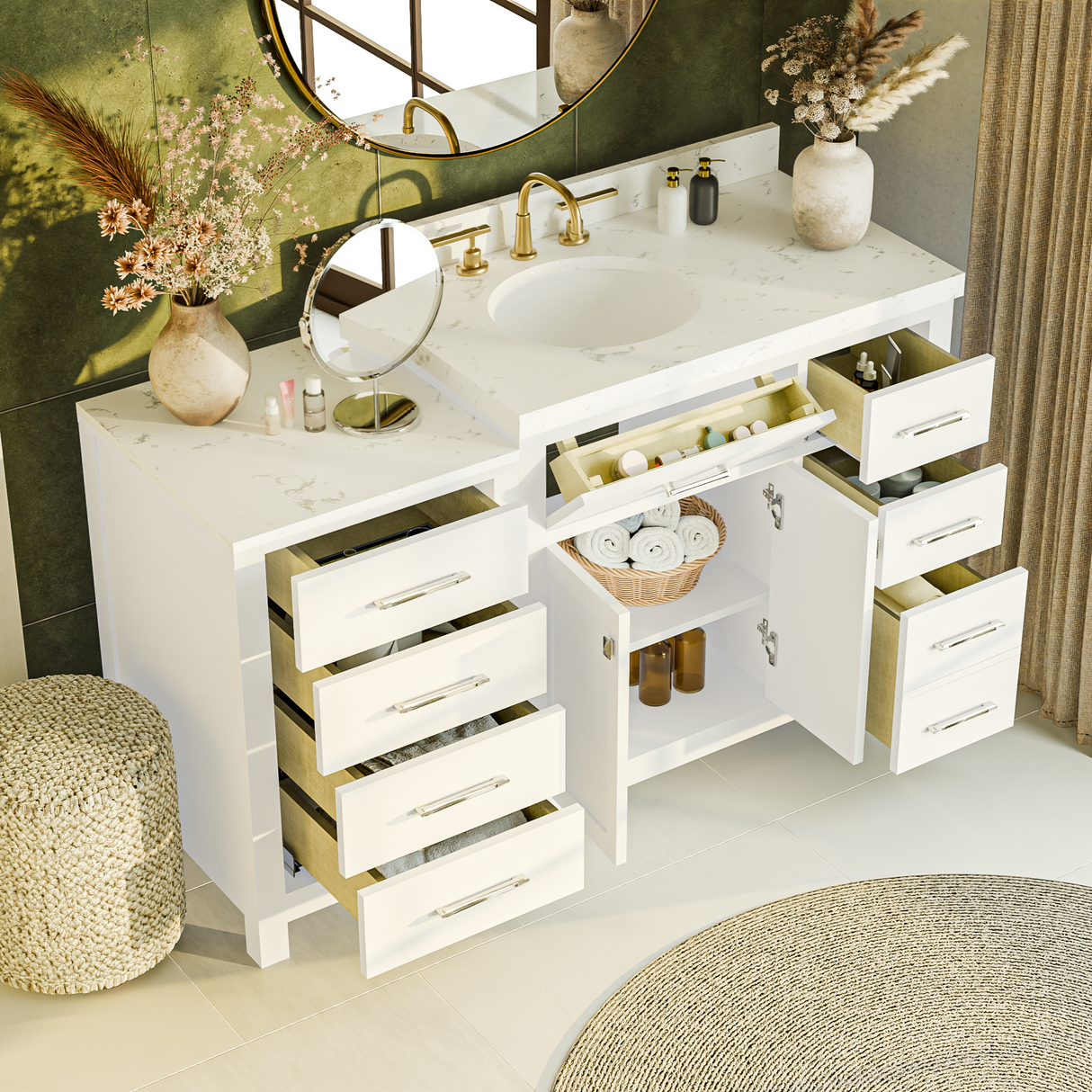 Bathroom with a vanity, mirror, and decorative elements.
