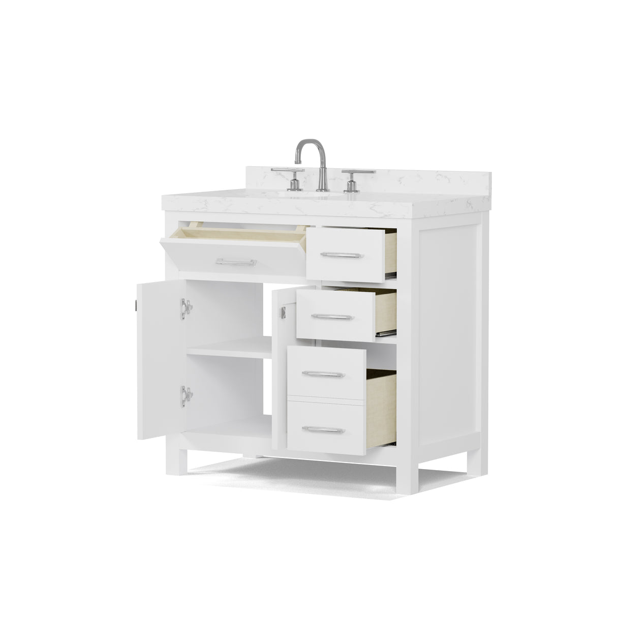 Modern cabinet with a textured panel and metallic frame on a white background