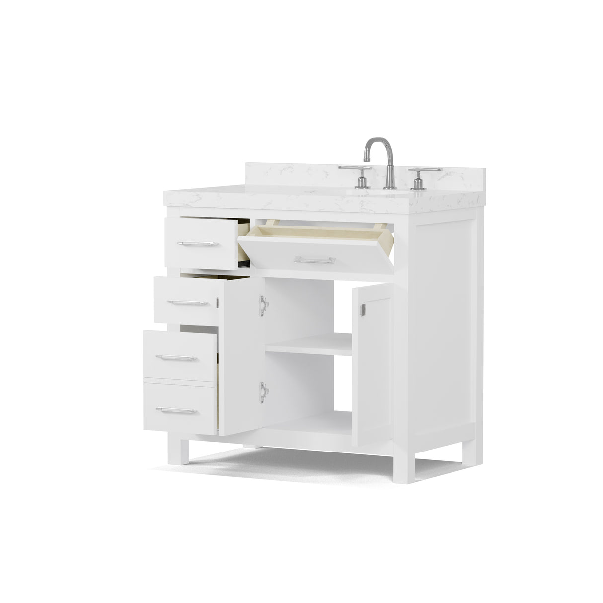 White bathroom vanity with sink on a white background