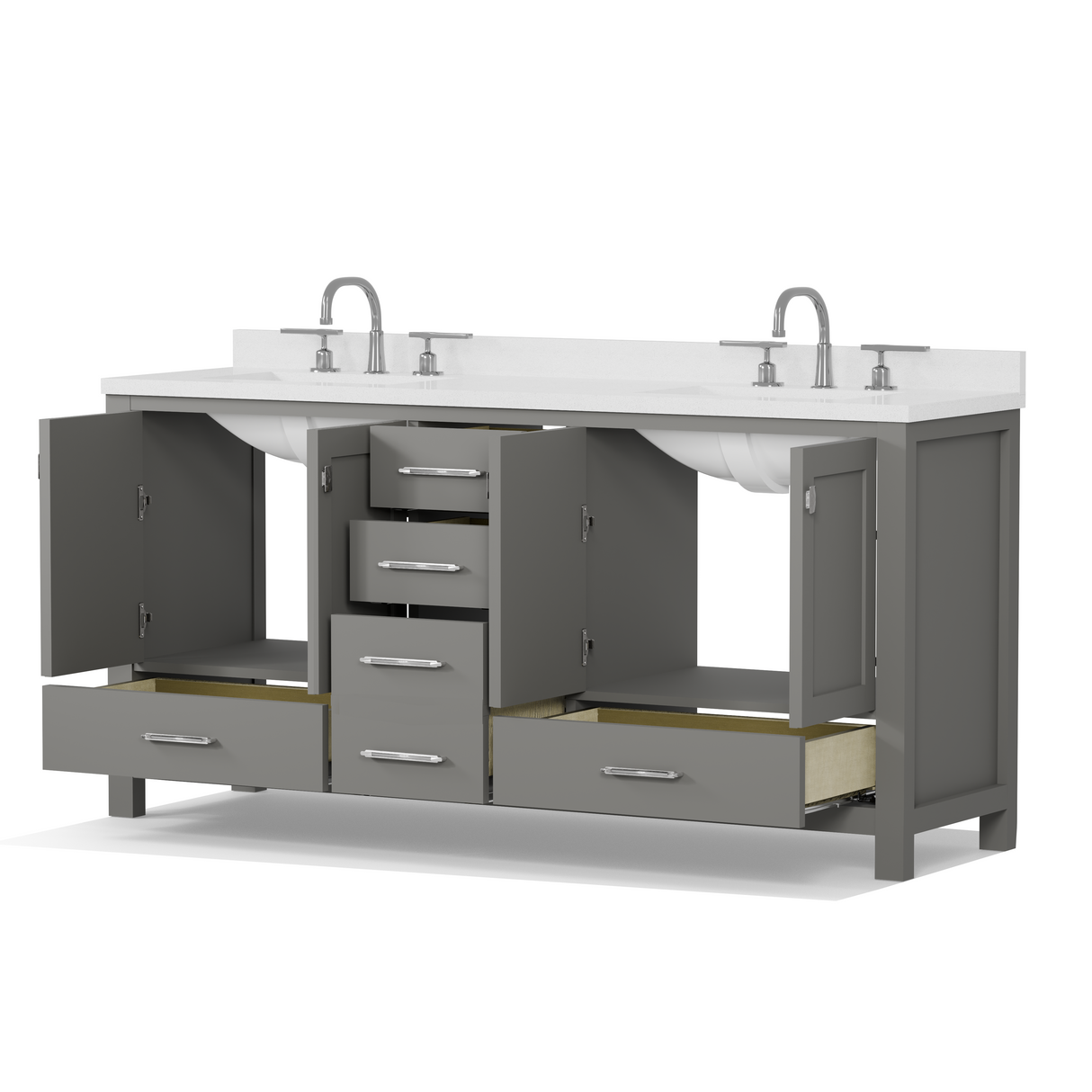 Bathroom with a double vanity, mirror, and decorative elements.