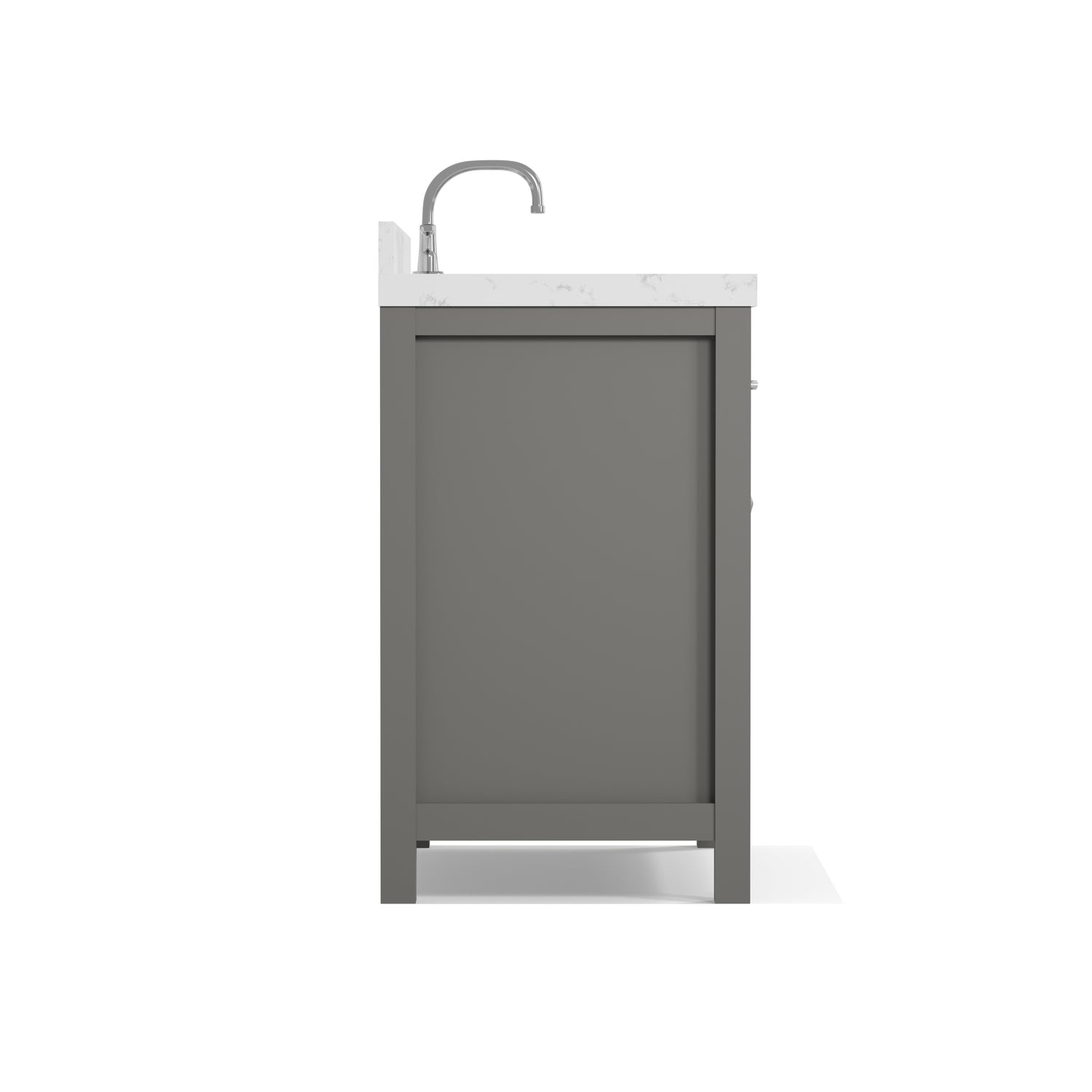 Gray bathroom vanity with white countertop and sink on a white background