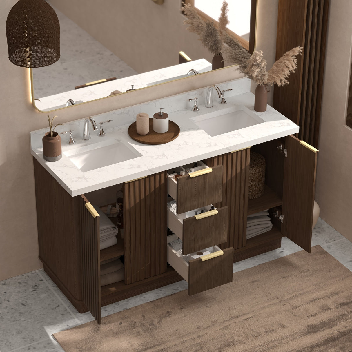 A double bathroom vanity cabinet with a square sink and marble quartz top, featuring a wood-tone finish and vertical paneling.