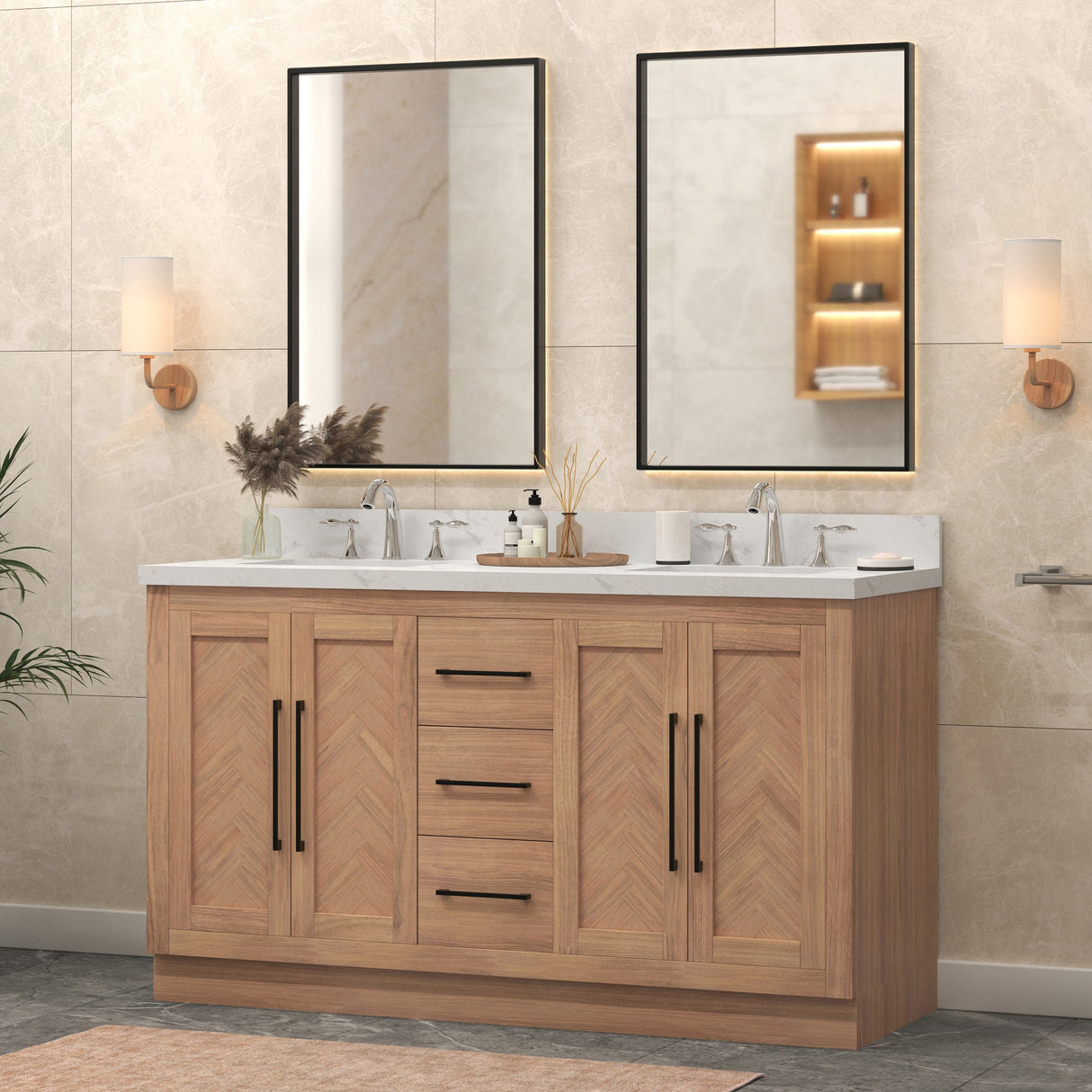 A 60 inch double vanity cabinet with a square sink and Statuario Venatio marble quartz top, featuring a wood-toned finish and a contemporary design.
