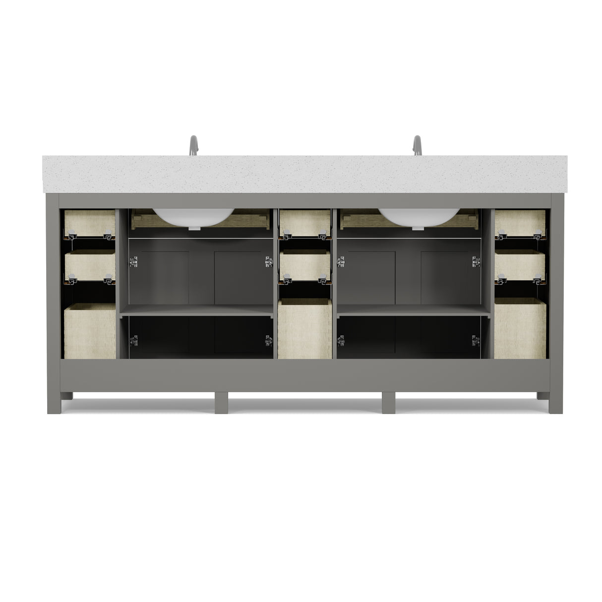 Bathroom vanity with white countertop and black cabinets on a white background