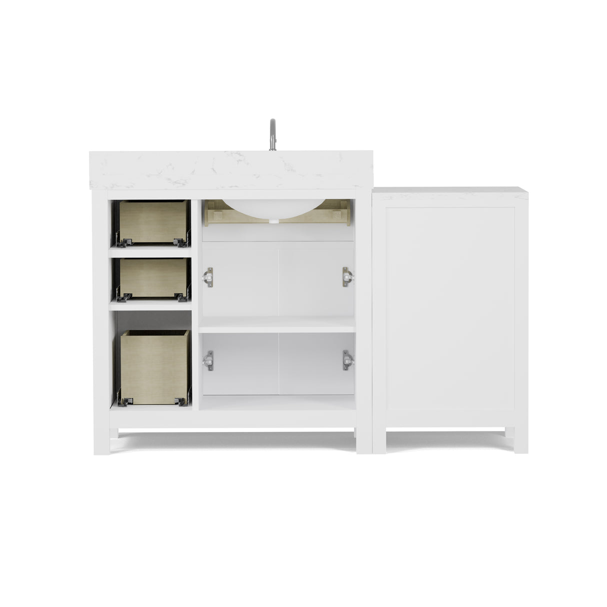 White bathroom vanity with marble countertop on a white background