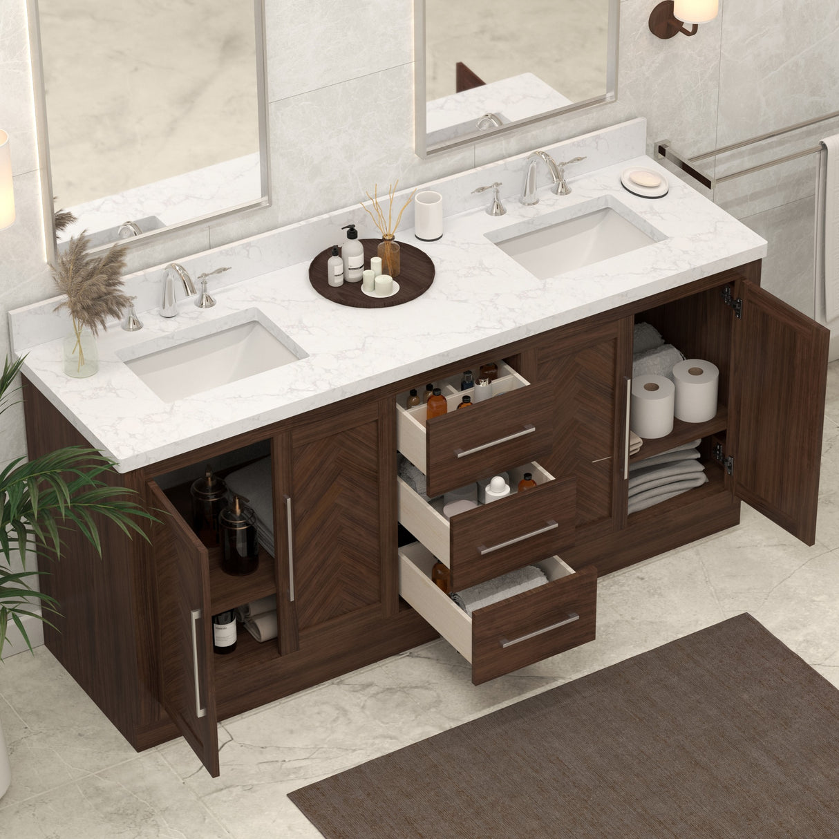 A 72 inch double vanity cabinet with a square sink and Statuario Venato marble quartz top, featuring a warm wood-toned finish and V-shaped design.
