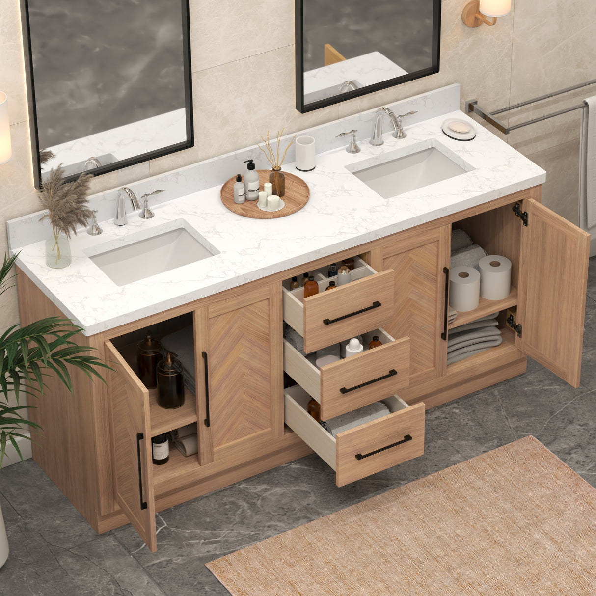 A 72 inch double vanity cabinet with a square sink and Statuario Venato marble quartz top, featuring a warm wood-toned finish and V-shaped design.