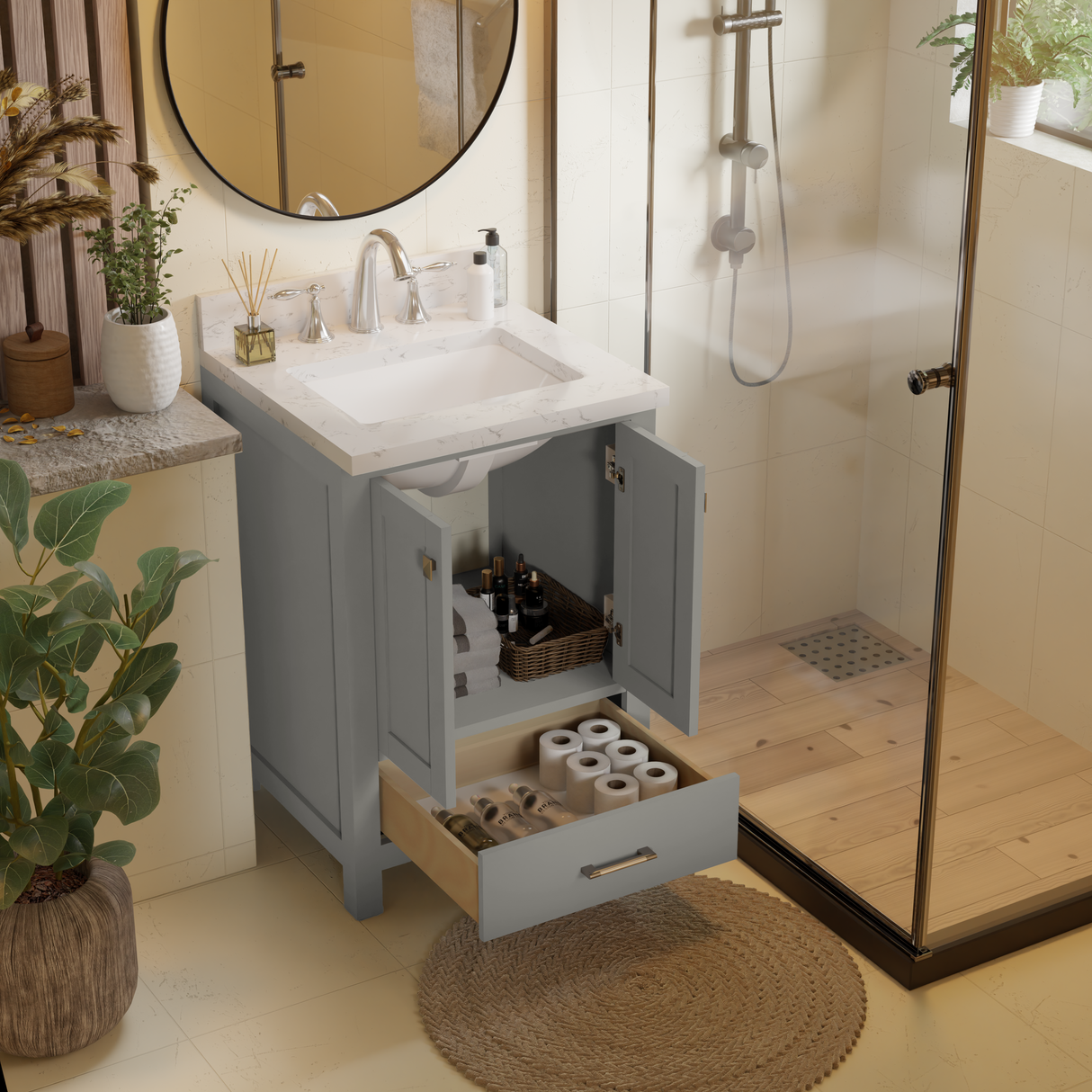 Bathroom vanity with white countertop on a white background