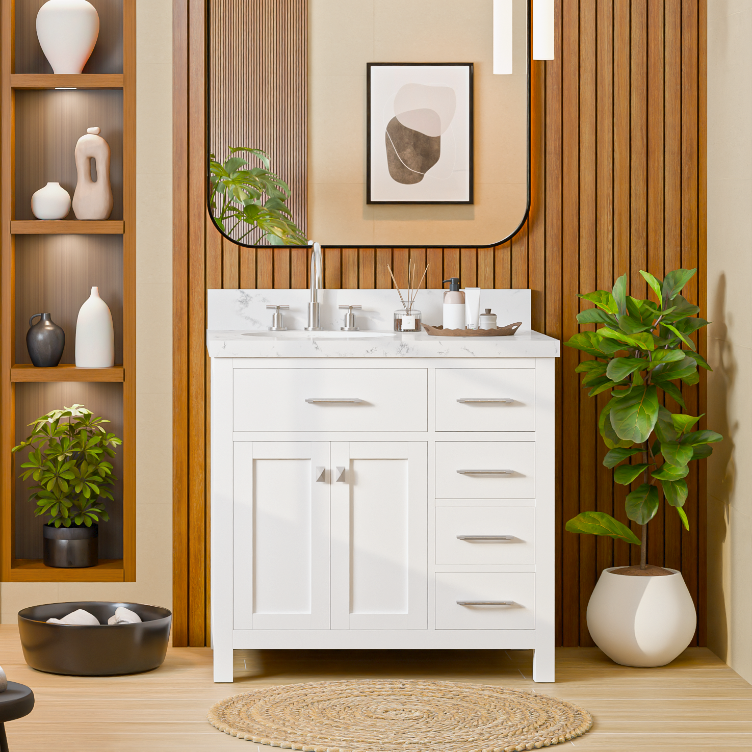 Bathroom vanity with marble countertop and silver faucet on a white background