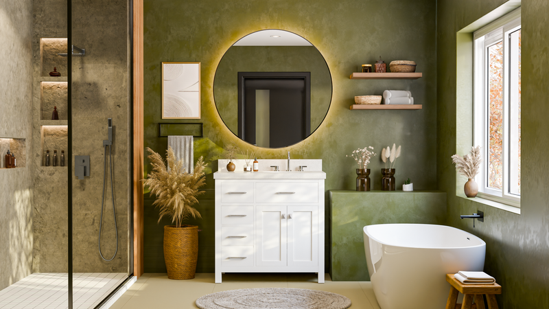 Modern bathroom with green walls, white vanity, and freestanding bathtub.