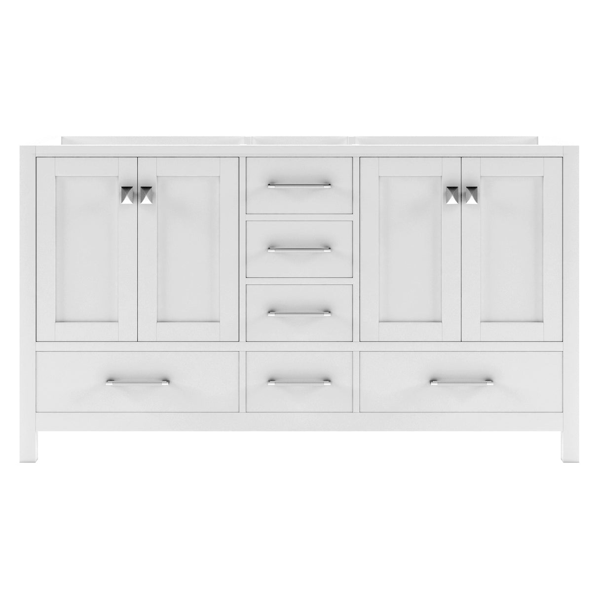 A white 60 inch double bathroom vanity with shaker-style doors, soft-closing drawers, and a solid birch wood frame.