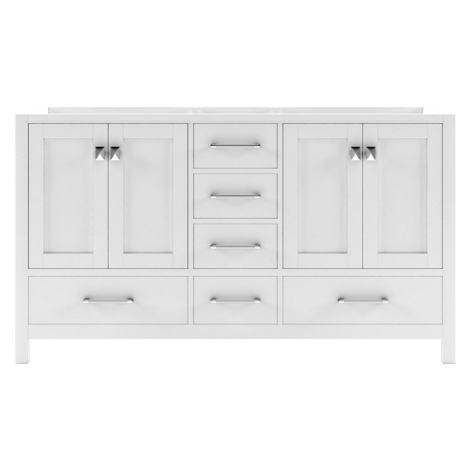 A white 60 inch double bathroom vanity with shaker-style doors, soft-closing drawers, and a solid birch wood frame.