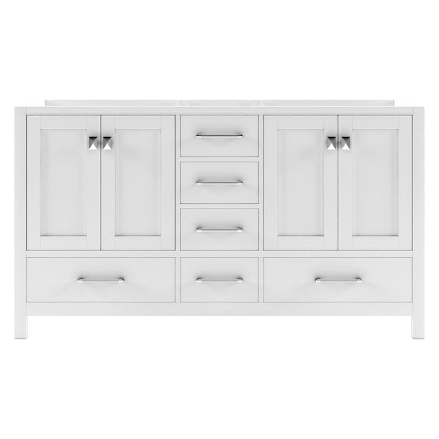 A white 60 inch double bathroom vanity with shaker-style doors, soft-closing drawers, and a solid birch wood frame.