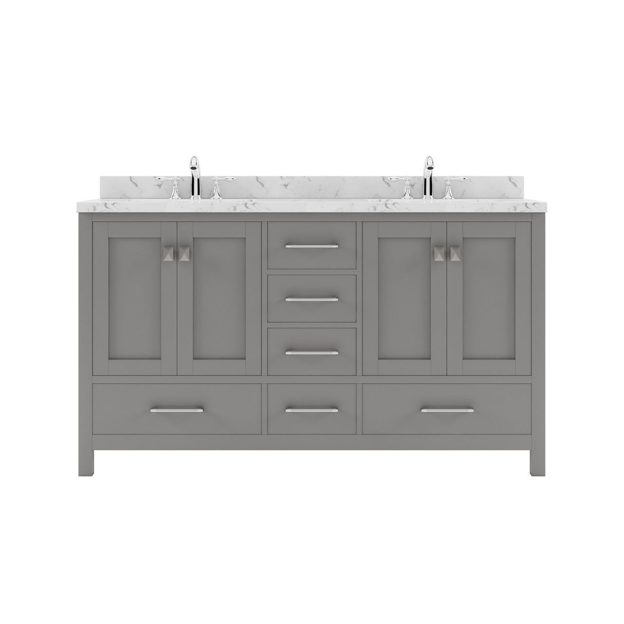Gray bathroom vanity with marble countertop on a white background