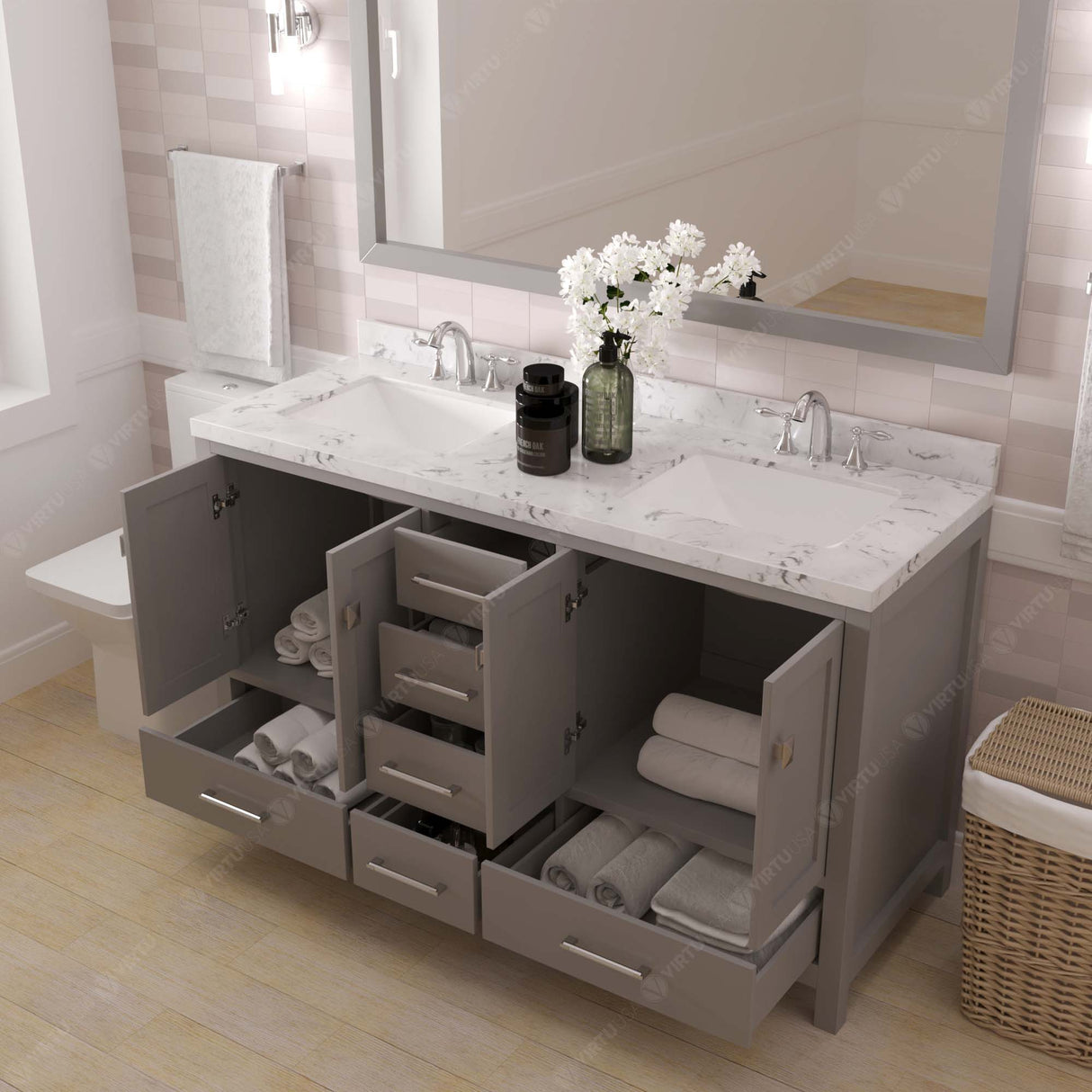 Bathroom vanity with open drawers and a mirror above in a well-lit bathroom.