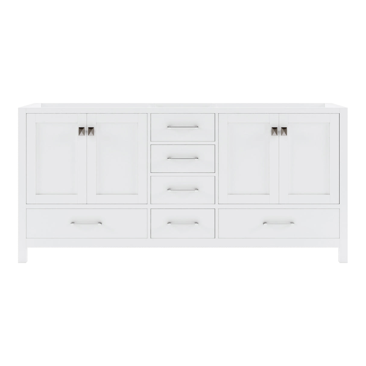 A white 72 inch double vanity cabinet with contemporary shaker style doors and multiple storage drawers.
