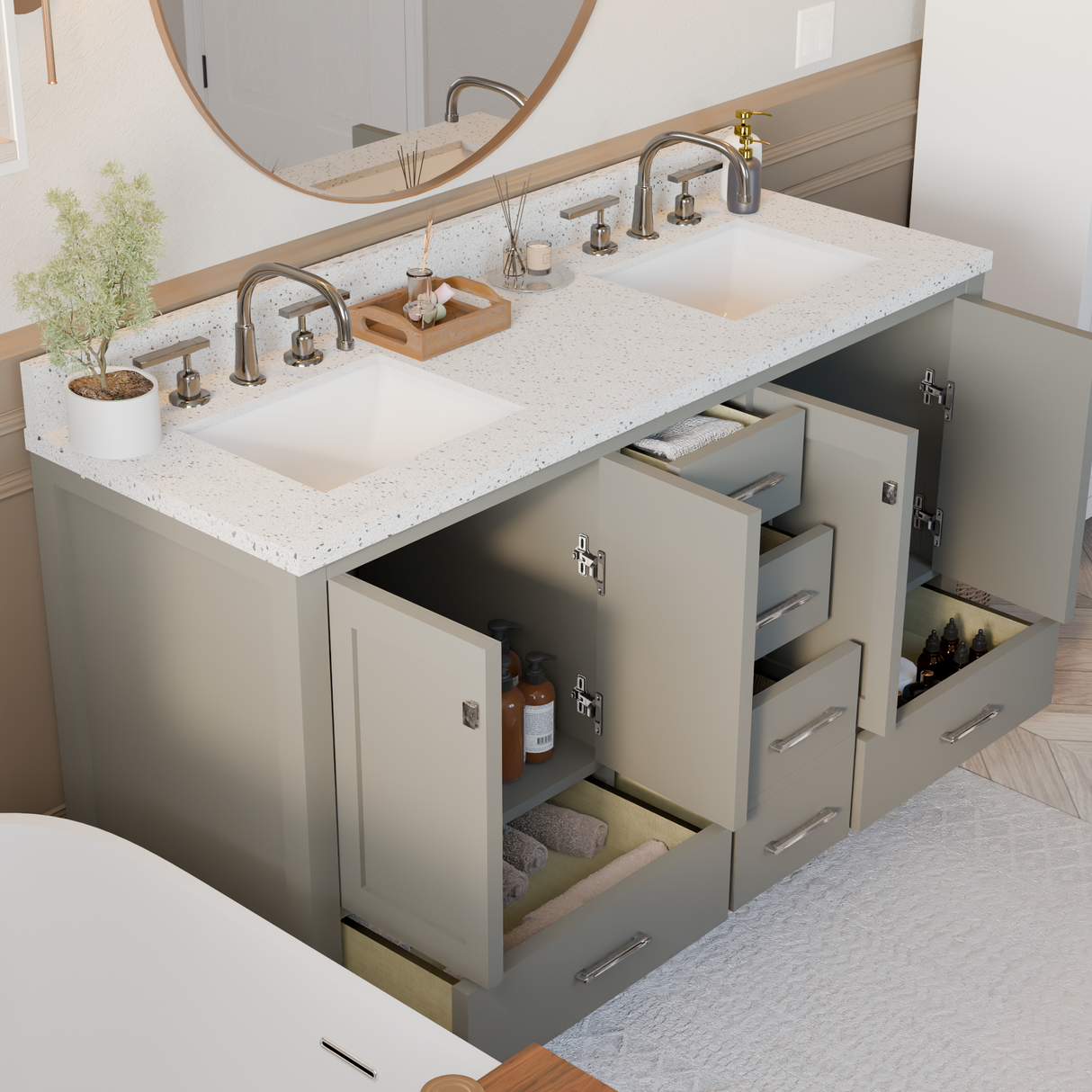 Bathroom vanity with open drawers and a mirror above in a well-lit room.