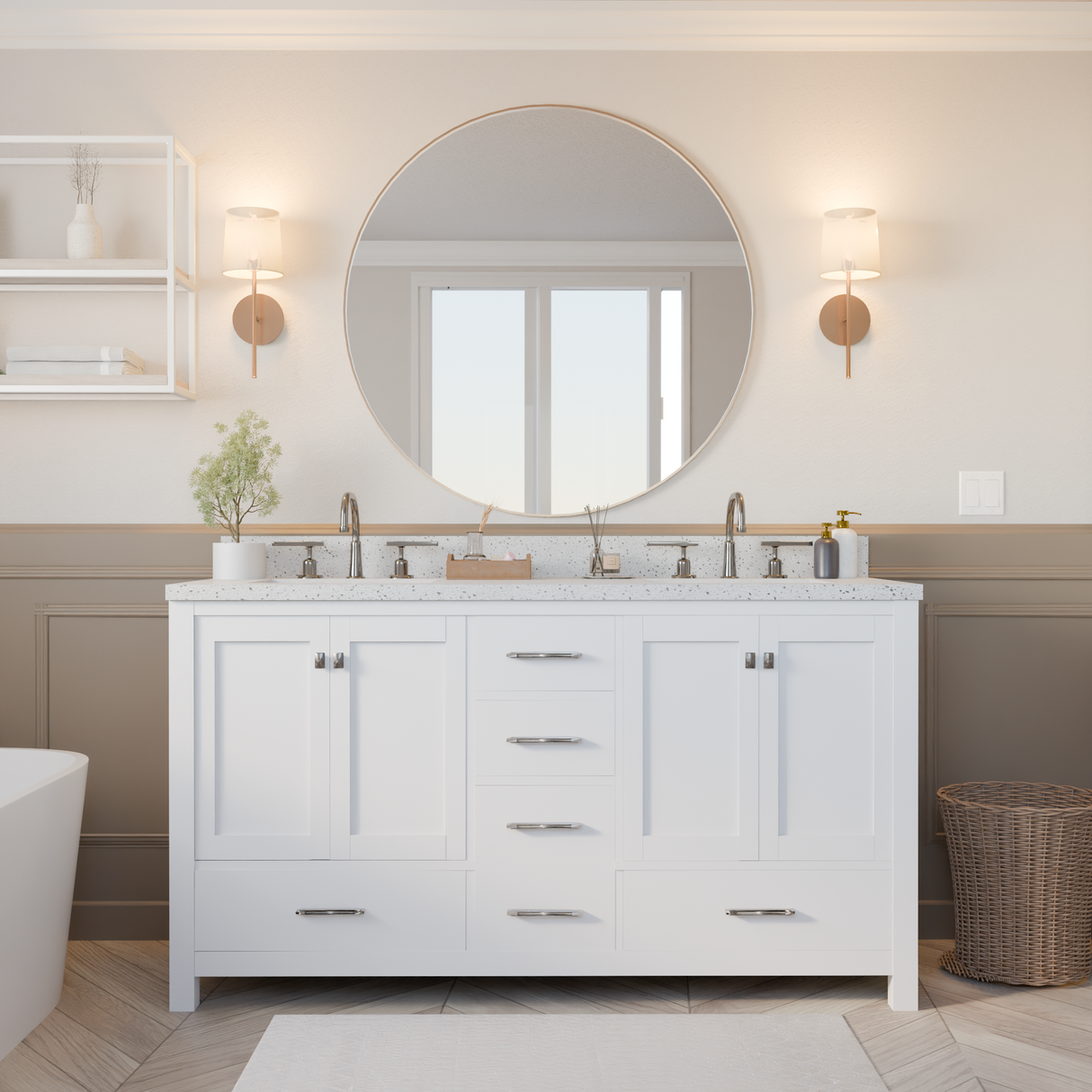 Modern bathroom with white vanity, bathtub, and shelves.