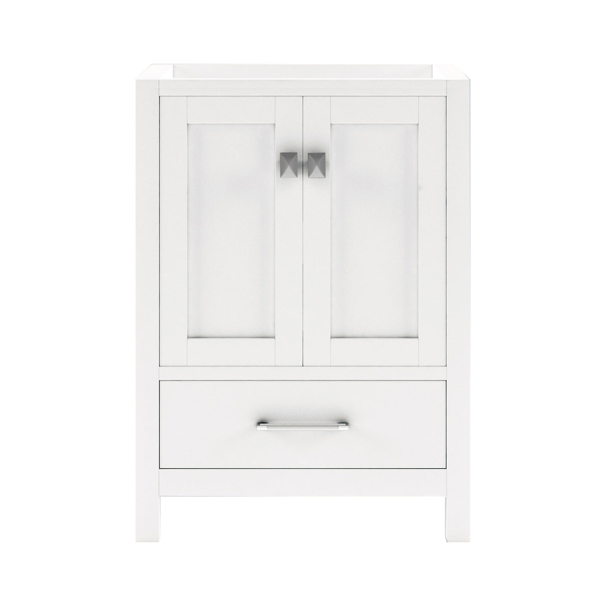 White single sink bathroom vanity with shaker-style doors and a drawer, featuring a solid birch wood frame.