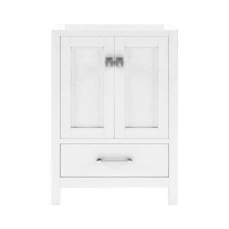 White single sink bathroom vanity with shaker-style doors and a drawer, featuring a solid birch wood frame.