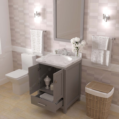 Modern bathroom with white vanity, bathtub, and shelves.