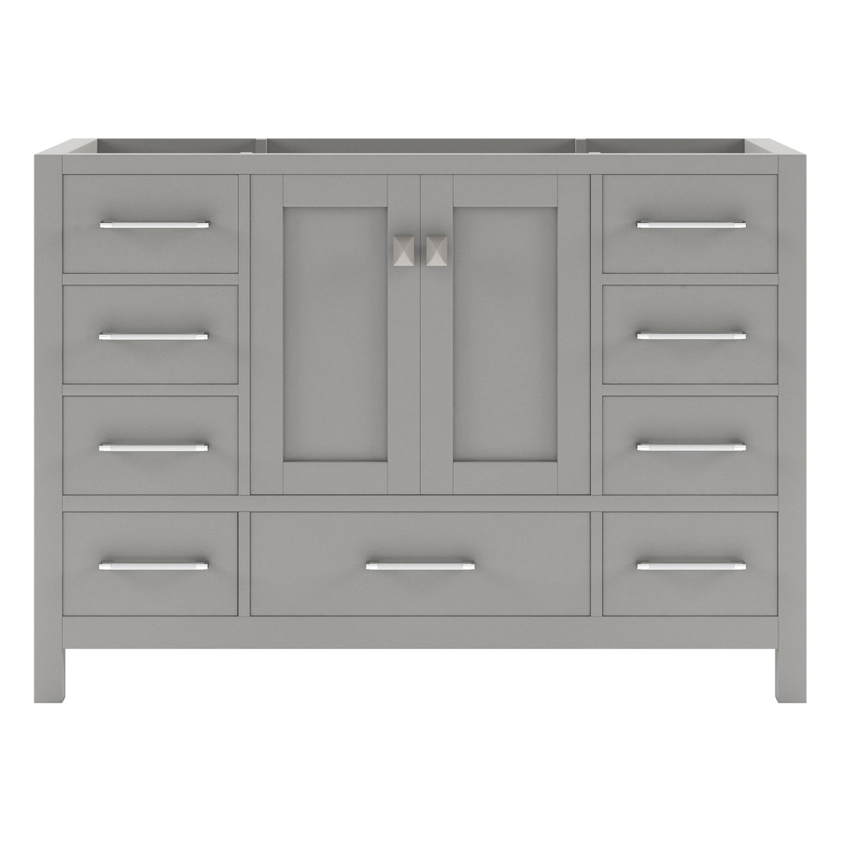 A gray Caroline Avenue 48 inch single vanity cabinet with shaker style doors and multiple storage drawers.