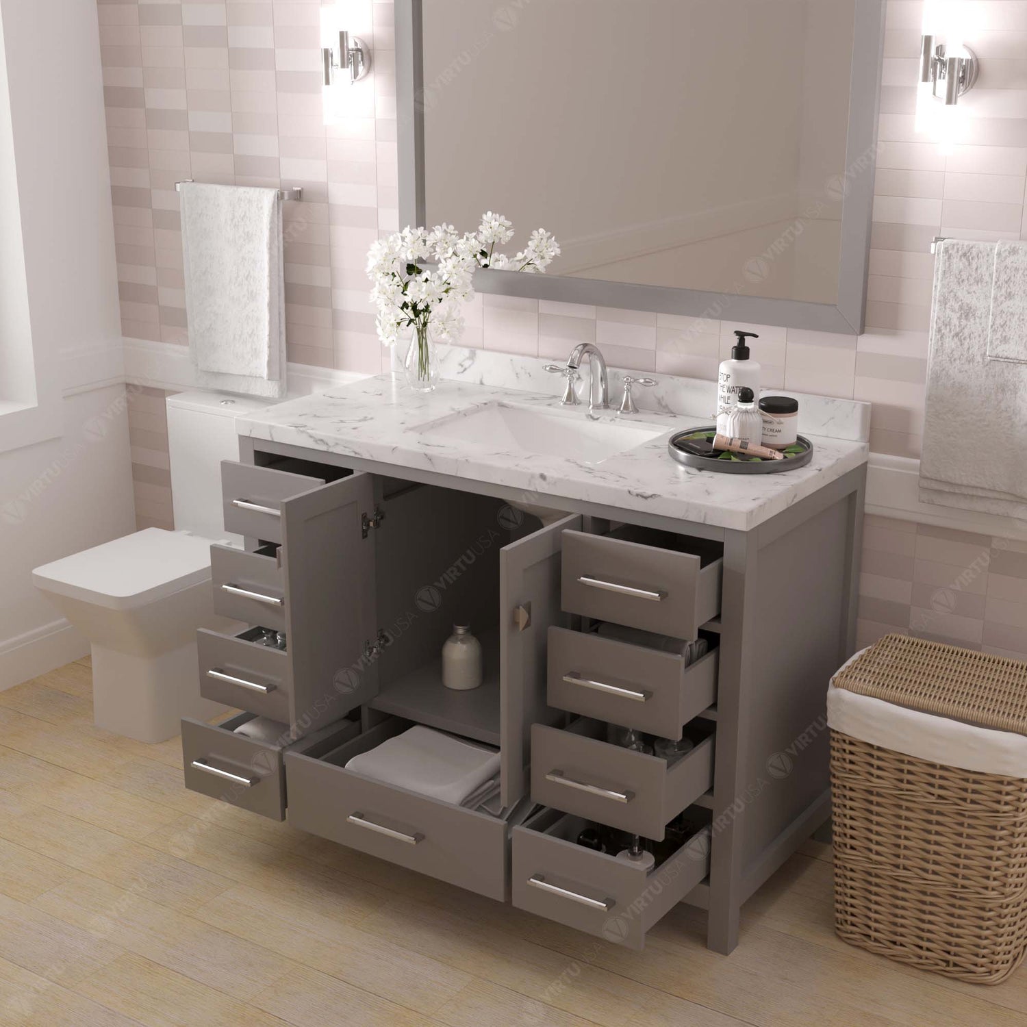 Bathroom vanity with countertop and silver faucet on a white background