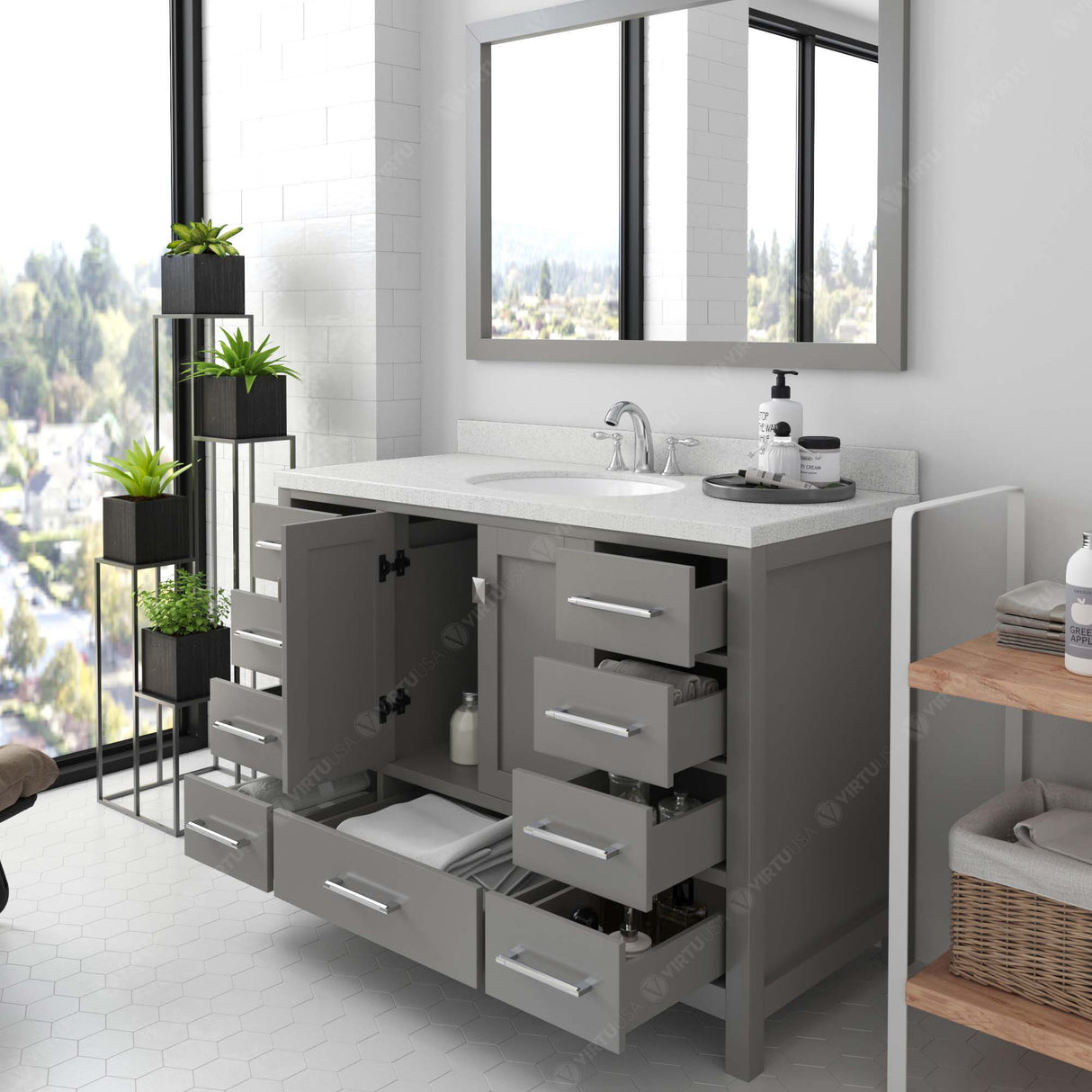 Bathroom vanity with open drawers and a large mirror in a bright room.